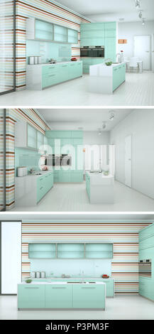 3d Illustration of three views of a modern kitchen with a beautiful design Stock Photo