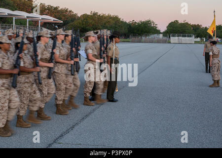 Recruits of Platoon 4022, Papa Company, 4th Recruit Training Battalion, move into place during an initial drill evaluation May 8, 2017, on Parris Island, S.C. Drillmasters evaluate each platoon and its drill instructor on their ability to perform close-order drill movements. Close-order drill helps instill discipline and unit cohesion in recruits. Both companies are scheduled to graduate June 30, 2017. ( Stock Photo