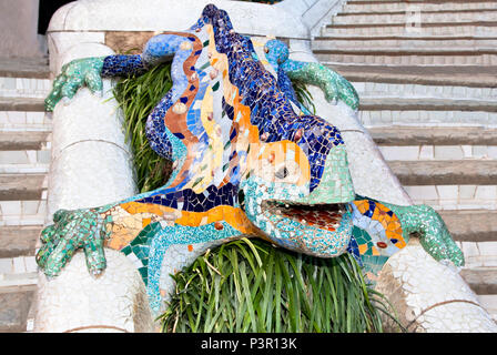 BARCELONA - OCTOBER 1: Mosaic Lizard made of broken ceramic tiles in Park Guell designed by Antoni Gaudi October 1, 2010 in Barcelona. Built in 1900 - Stock Photo