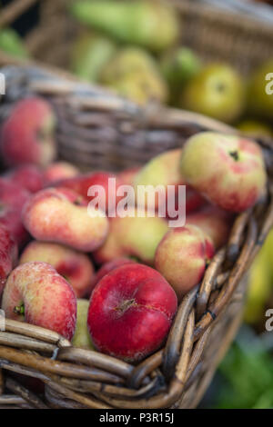 Nectarines and pears in wicker basket on display on a stall at farmers market in Cornwall, Uk Stock Photo