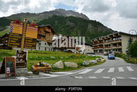 View of Val d'Isere ski resort, a commune of the Tarentaise Valley, in the Savoie department (Auvergne-Rhone-Alpes region) in southeastern France. Stock Photo