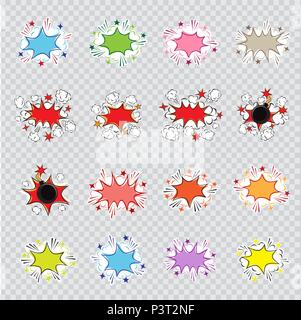 Cartoon explosion illustration set on transparent background. Comic sound effect graphic. Empty bang communication colorful quote bubble shapes Stock Vector
