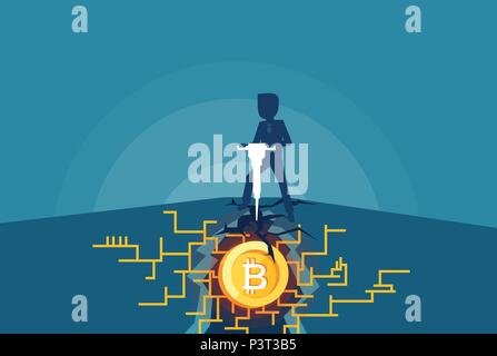 Vector of a business man mining bitcoins. Modern concept of digital crypto mining. Stock Vector