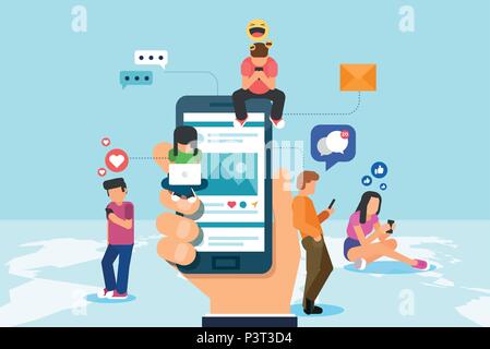 Colorful vector design of smartphone with concept of networking and worldwide communication app on blue background Stock Vector