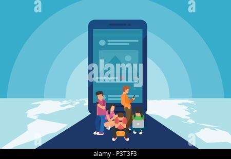 Vector design of smartphone with concept of networking people worldwide using communication app on mobile devices on blue background Stock Vector