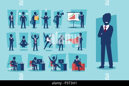 Vector set of businessman character. Successful career path of a corporate executive concept Stock Vector