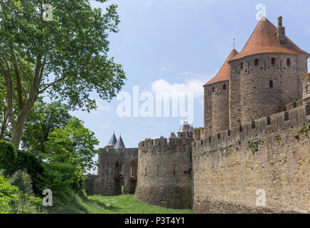 The medieval Cité of Carcassonne, French department of Aude, Occitanie Region, France. Outer walls, ramparts, turrets and towers. Stock Photo