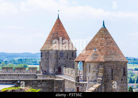 The medieval Cité of Carcassonne, French department of Aude, Occitanie Region, France. Outer walls, ramparts, turrets and towers. Stock Photo