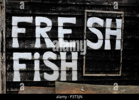 fresh fish sign painted on black beach hut, hastings, east sussex, england Stock Photo