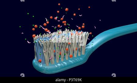 Bacteria on, around toothbrush. Closeup view 3d render. Stock Photo
