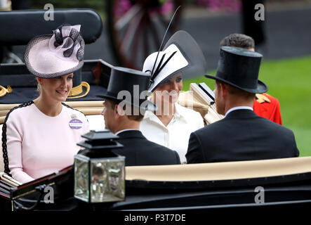 The Duchess of Sussex and Sophie the Countess of Wessex (left) during day one of Royal Ascot at Ascot Racecourse. Stock Photo