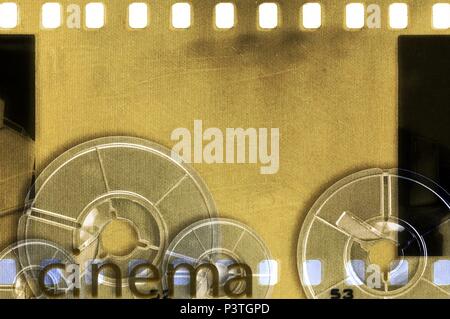Vintage sepia film strip frame with coils and cinema word Stock