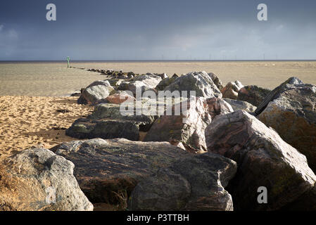 Wind turbines at Gunfleet Sands just off shore of Clacton on Sea Essex. Stock Photo