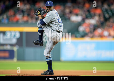 Houston, TX, USA. 18th June, 2018. Tampa Bay Rays relief pitcher Sergio Romo (54) pitches during a Major League Baseball game between the Houston Astros and the Tampa Bay Rays at Minute Maid Park in Houston, TX. The Astros won the game 5 to 4.Trask Smith/CSM/Alamy Live News Stock Photo