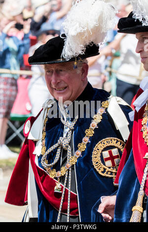 Windsor Castle, UK. 18 June 2018 - His Royal Highness Prince Charles arrives at the Order of the Garter ceremony in the grounds of Windsor Castle, UK. He was wearing full Garter regalia. Her Majesty The Queen broke with tradition and arrived by car. Credit: Benjamin Wareing/Alamy Live News Stock Photo