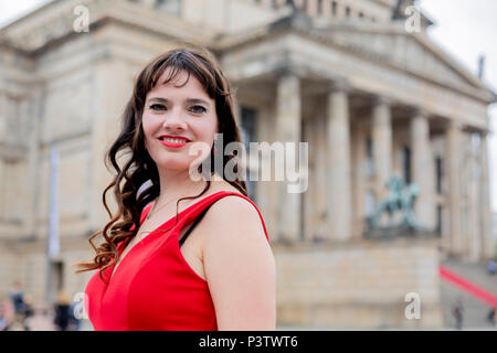 19 June 2018, Germany, Berlin: Soprano Gunta Cese standing on the Gendarmenmarkt in front of the concert house in Berlin after the press conference for the Classic Open Air Festival 2018. The festival is taking place from the 05 to the 09 July 2018 on the Gendarmenmarkt. Photo: Christoph Soeder/dpa-Zentralbild/dpa Stock Photo