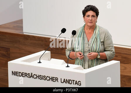 Hanover, Germany. 19th June, 2018. Anja Piel, parliamentary group leader of Alliance 90/The Greens in the Lower Saxon parliament, delivers a speech during the debate about a new holiday in plenary in front of the members of the parliament. Credit: Holger Hollemann/dpa/Alamy Live News Stock Photo