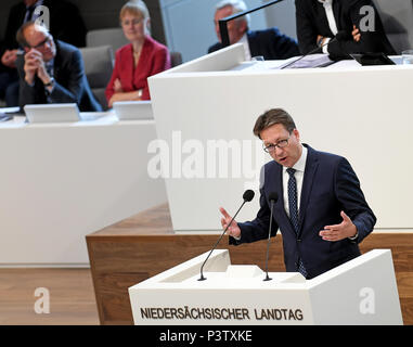 Hanover, Germany. 19th June, 2018. Stefan Birkner of the Free Democratic Party (FDP), parliamentary group leader of the FDP in the Lower Saxon parliament, delivers a speech during the debate about a new holiday in plenary in front of the members of the parliament. Credit: Holger Hollemann/dpa/Alamy Live News Stock Photo