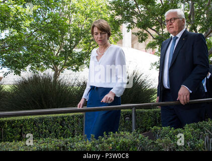 19 June 2018, USA, Los Angeles (California): German President Frank-Walter Steinmeier and his wife Elke Buedenbender walk through the complex and the garden of the Getty Museum. President Steinmeier and his wife are on a three day visit to California. Photo: Bernd von Jutrczenka/dpa Stock Photo