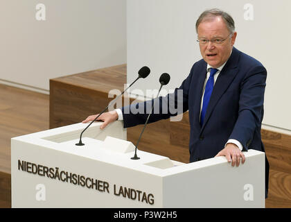 Hanover, Germany. 19th June, 2018. Stephan Weil of the Social Democratic Party (SPD), Premier of Lower Saxony, delivers a speech during the debate about a new holiday in plenary in front of the members of the parliament. Credit: Holger Hollemann/dpa/Alamy Live News Stock Photo