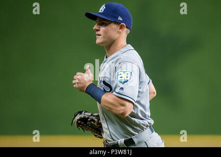 Houston, TX, USA. 18th June, 2018. Tampa Bay Rays first baseman Jake Bauers (9) during a Major League Baseball game between the Houston Astros and the Tampa Bay Rays at Minute Maid Park in Houston, TX. The Astros won the game 5 to 4.Trask Smith/CSM/Alamy Live News Stock Photo