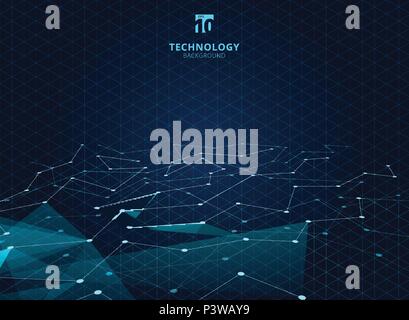 Abstract technology blue color triangles and low polygon with lines connecting dots structure perspective on grid background. Vector illustration Stock Vector