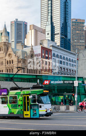 Australia,  Melbourne, St. Kilda Road, Victoria, green tram, visitor centre Stock Photo