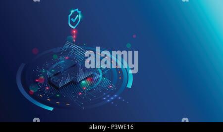 Smart Home Security System concept background. Protection software of IOT or internet of things. Cyber security of house devices. 3D isometric home of lights digits protected shield. Stock Vector