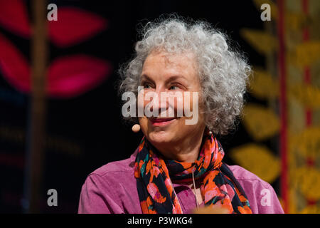 Margaret Atwood, acclaimed Canadian poet, novelist, literary critic, essayist, inventor, teacher and environmental activist,  appearing at the 2018 Hay Festival of Literature and the Arts.  The annual festival  in the small town of Hay on Wye on the Welsh borders , attracts  writers and thinkers from across the globe for 10 days of celebrations of the best of the written word, political though  and literary debate Stock Photo