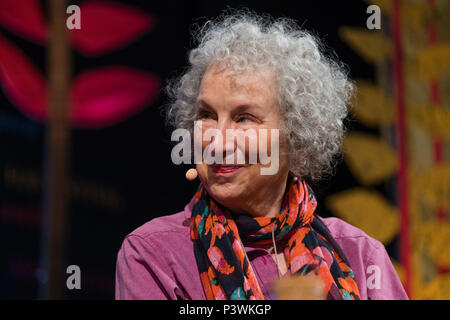 Margaret Atwood, acclaimed Canadian poet, novelist, literary critic, essayist, inventor, teacher and environmental activist,  appearing at the 2018 Hay Festival of Literature and the Arts.  The annual festival  in the small town of Hay on Wye on the Welsh borders , attracts  writers and thinkers from across the globe for 10 days of celebrations of the best of the written word, political though  and literary debate Stock Photo