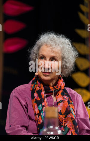 Margaret Atwood, acclaimed Canadian poet, novelist, literary critic, essayist, inventor, teacher and environmental activist,  appearing at the 2018 Hay Festival of Literature and the Arts.  The annual festival  in the small town of Hay on Wye on the Welsh borders , attracts  writers and thinkers from across the globe for 10 days of celebrations of the best of the written word, political though  and literary debate Stock Photo