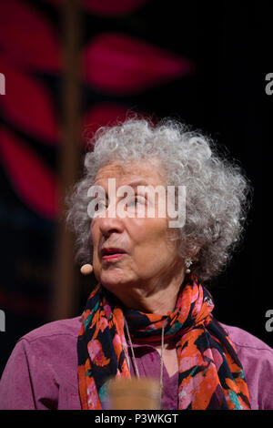 Margaret Atwood, acclaimed Canadian poet, novelist, literary critic, essayist, inventor, teacher and environmental activist,  appearing at the 2018 Hay Festival of Literature and the Arts.  The annual festival  in the small town of Hay on Wye on the Welsh borders , attracts  writers and thinkers from across the globe for 10 days of celebrations of the best of the written word, political though  and literary debate Stock Photo