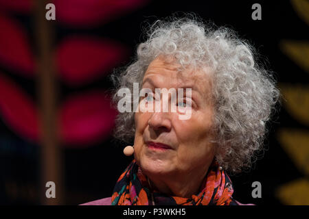 Margaret Atwood, acclaimed Canadian poet, novelist, literary critic, essayist, inventor, teacher and environmental activist,  appearing at the 2018 Hay Festival of Literature and the Arts.  The annual festival  in the small town of Hay on Wye on the Welsh borders , attracts  writers and thinkers from across the globe for 10 days of celebrations of the best of the written word, political though  and literary debate Stock Photo