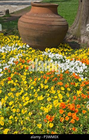 ISTANBUL, TURKEY - MAY 27 : Urn and flowers in the garden of Topkapi Palace and Museum in Istanbul Turkey on May 27, 2018 Stock Photo