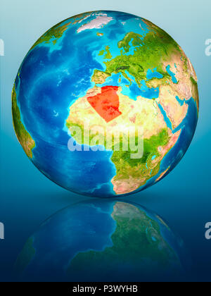 Algeria in red on model of planet Earth on reflective blue surface. 3D illustration. Elements of this image furnished by NASA. Stock Photo
