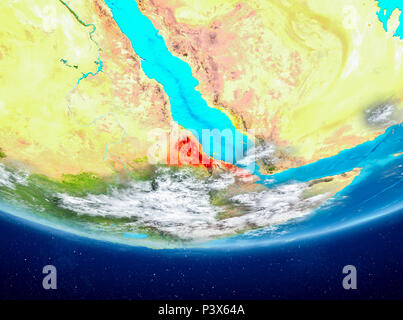 Eritrea highlighted in red on planet Earth with clouds. 3D illustration. Elements of this image furnished by NASA. Stock Photo