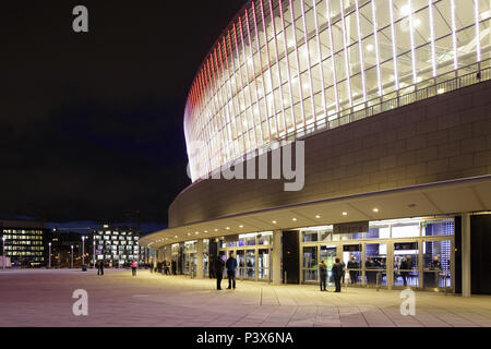 Berlin, Germany, Illuminated Mercedes-Benz Arena at the Mercedes-Benz-Platz in Berlin-Friedrichshain Stock Photo