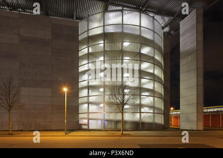 Berlin, Germany, Illuminated parking garage in the Mildred-Harnack-Strasse corner Helen-Ernst-Strasse in Berlin-Friedrichshain Stock Photo