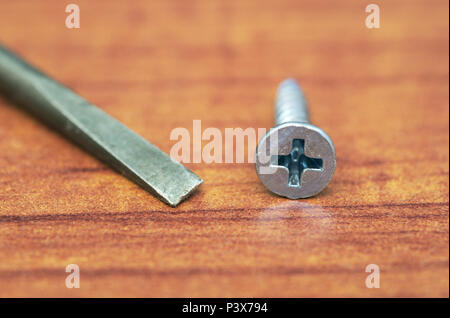flat head screwdriver near a phillips screw Stock Photo