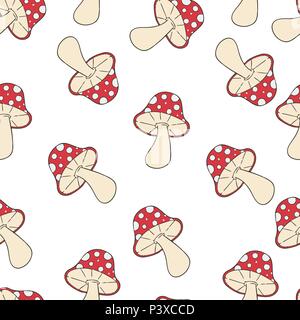 Amanita fly-agaric pattern seamless. Vector illustration. Red in white specks amanita isolated on white background. Stock Vector