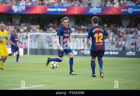 CLUJ, ROMANIA - JUNE 16, 2018: Romanian Football Golden Team playing a friendly match against Barcelona Legends during the Sports Festival Stock Photo