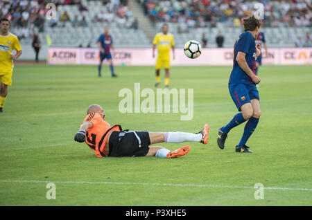 CLUJ, ROMANIA - JUNE 16, 2018: Romanian Football Golden Team playing a friendly match against Barcelona Legends during the Sports Festival Stock Photo