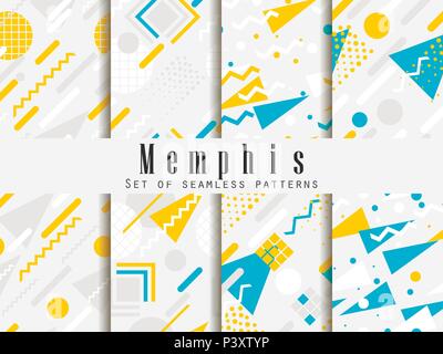 Memphis seamless pattern. Geometric elements memphis in the style of 80's. Gray, yellow and blue color. Vector illustration Stock Vector