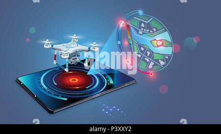 Drone with video camera flys on assigned route and transmit streaming fpv video on screen tablet. Navigation digital map of autonomous or wireless remoted drone. Stock Vector