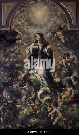 Immaculate Conception - 1672 - 315x200 cm - oil on canvas. Author: Juan de Valdés Leal (1622-1690). Location: MUSEO DE BELLAS ARTES-CONVENTO DE LA MERCED CALZAD, SEVILLA, SEVILLE, SPAIN. Also known as: INMACULADA CONCEPCION. Stock Photo