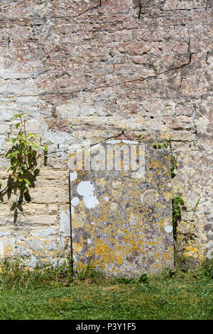 An old stone headtone in a church garveyard covered in lichen and very old it stands against the old stone wall of a church. Stock Photo