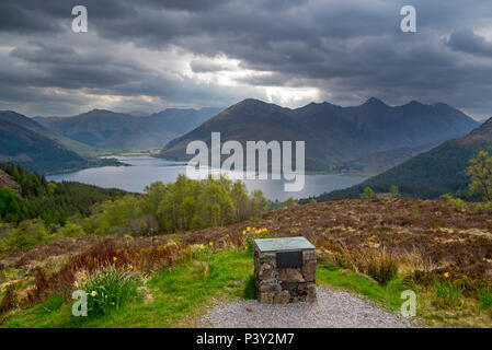 Orientation table at the Bealach Ratagain / Ratagan viewpoint with names of the mountain summits of the Five Sisters of Kintail, Highland, Scotland Stock Photo