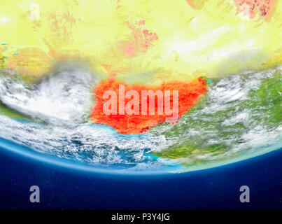 Nigeria highlighted in red on planet Earth with clouds. 3D illustration. Elements of this image furnished by NASA. Stock Photo