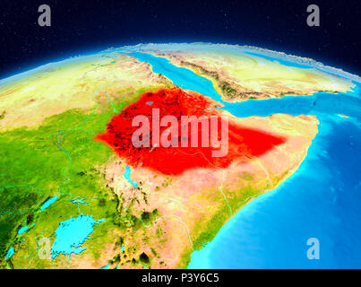 Satellite view of Ethiopia highlighted in red on planet Earth. 3D illustration. Elements of this image furnished by NASA. Stock Photo