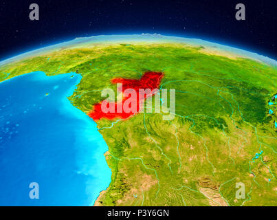 Satellite view of Congo highlighted in red on planet Earth. 3D illustration. Elements of this image furnished by NASA. Stock Photo